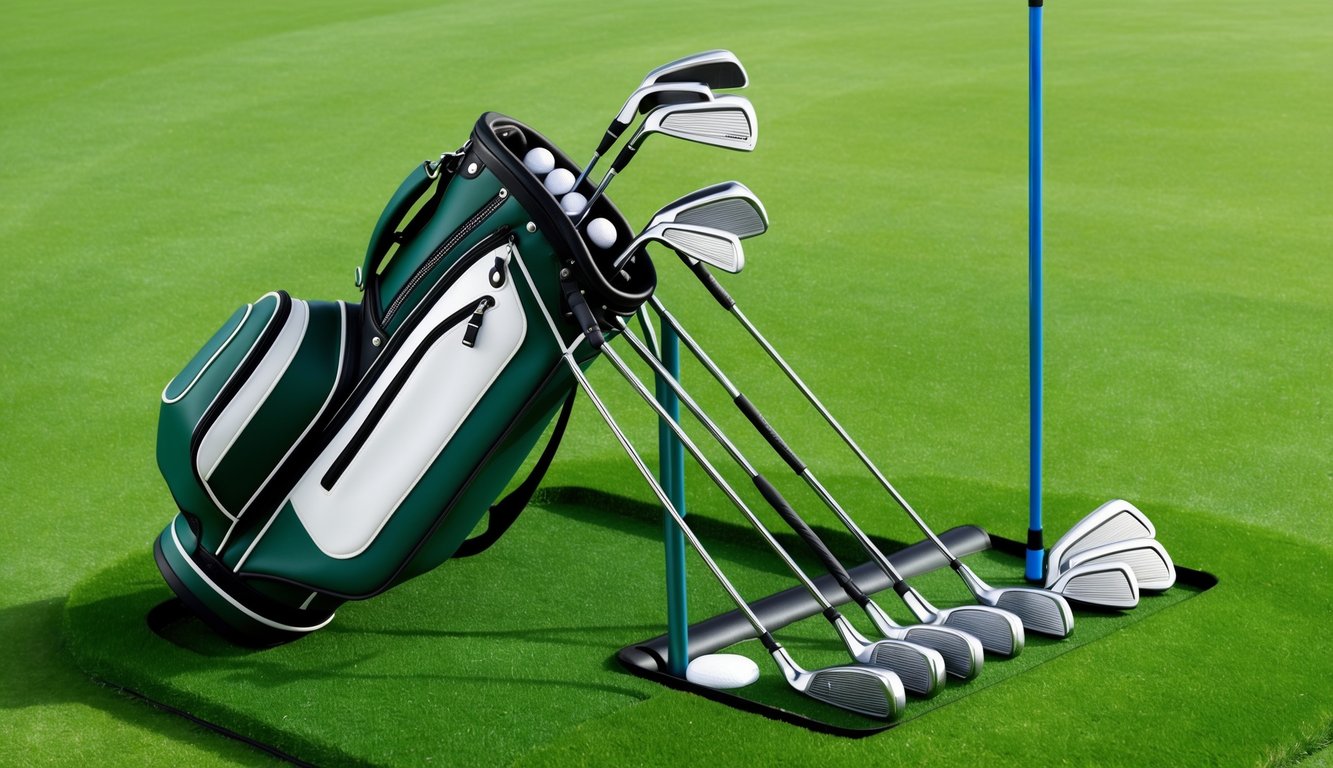 A golf bag with various clubs and grips arranged neatly on a grassy tee box