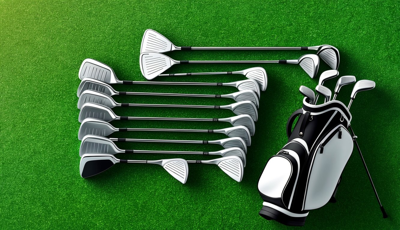 A set of golf clubs carefully arranged on a green grass background, with a golf bag standing nearby