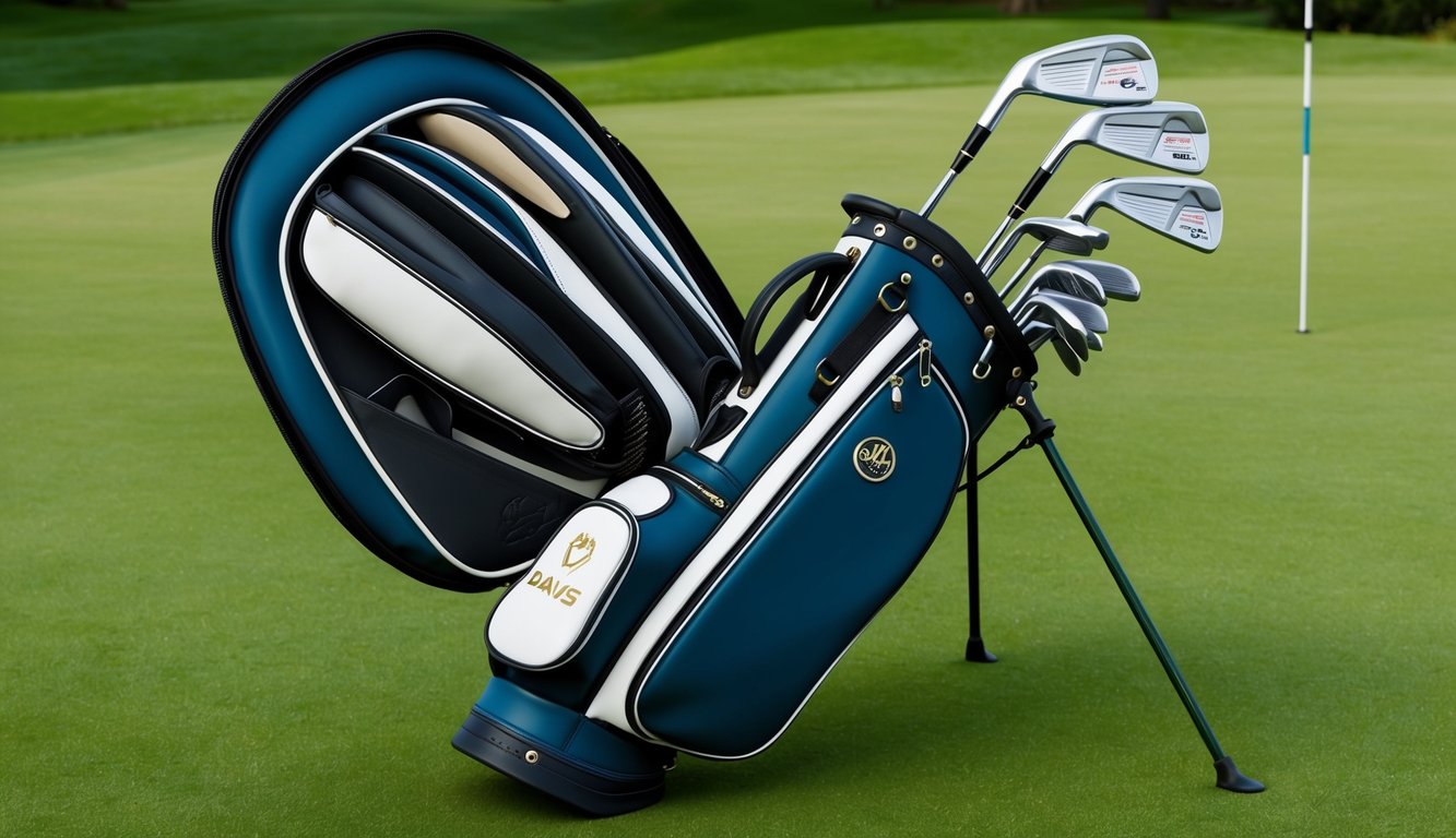 Cam Davis' golf bag open, revealing a set of clubs neatly organized and ready for use on the green