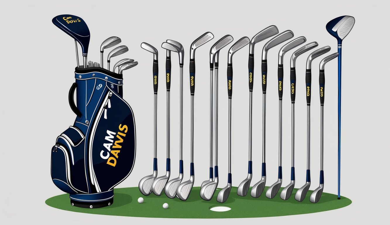 A golf bag with various clubs arranged neatly, including a driver, irons, wedges, and putter, all bearing the name "Cam Davis" on the shafts