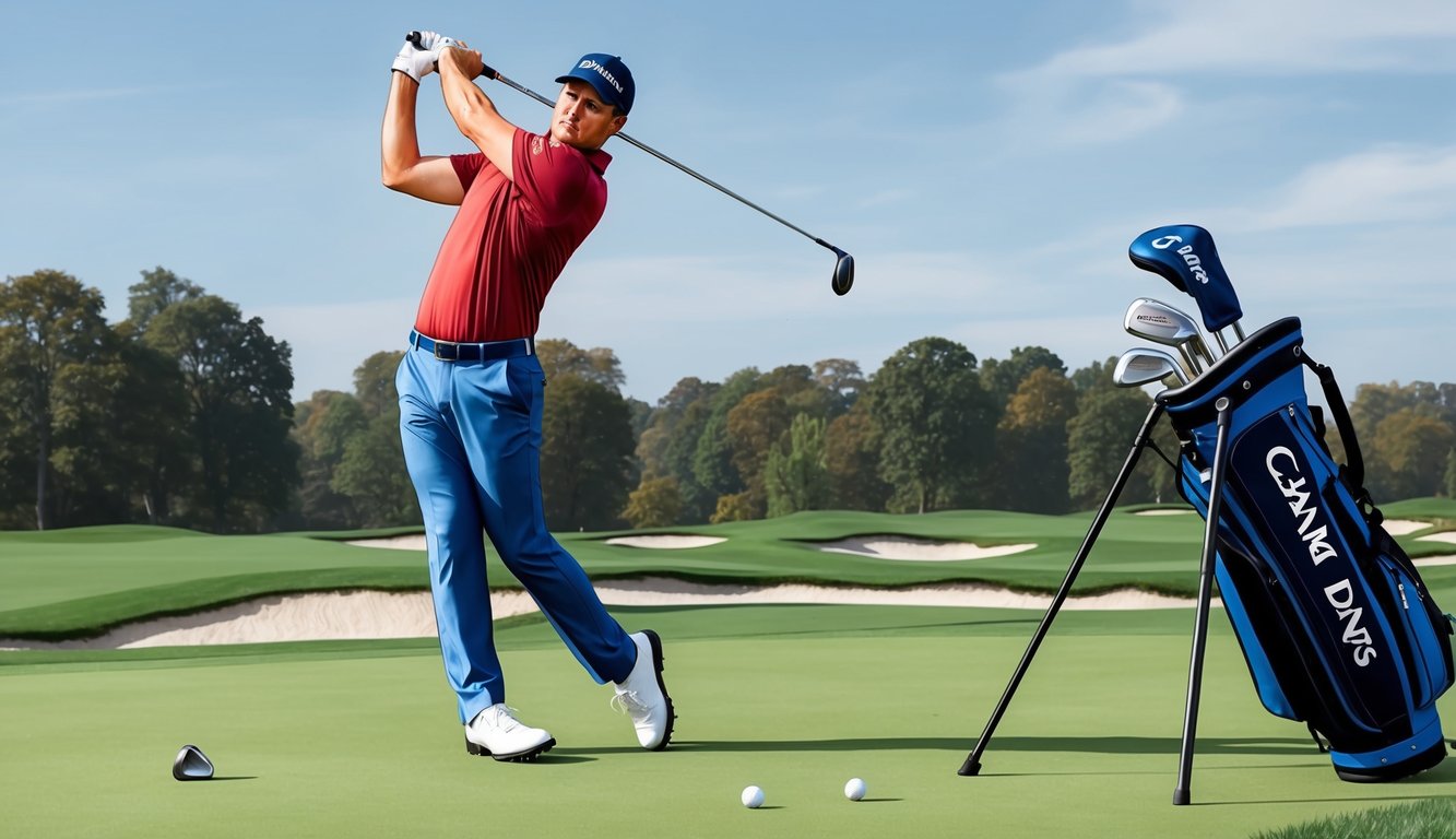 A golfer swings Cam Davis' iron clubs on the fairway