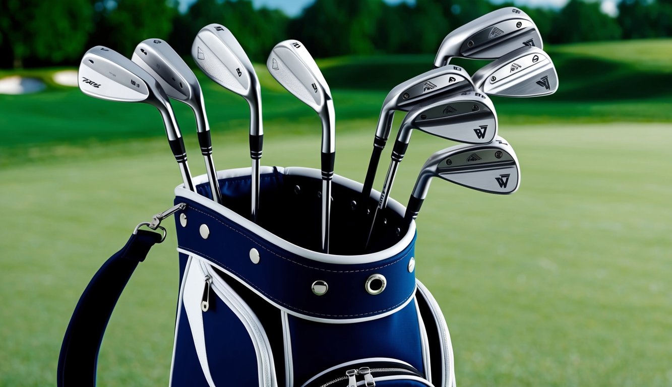 A golf bag stands open, revealing a selection of wedges. The green of the golf course is visible in the background