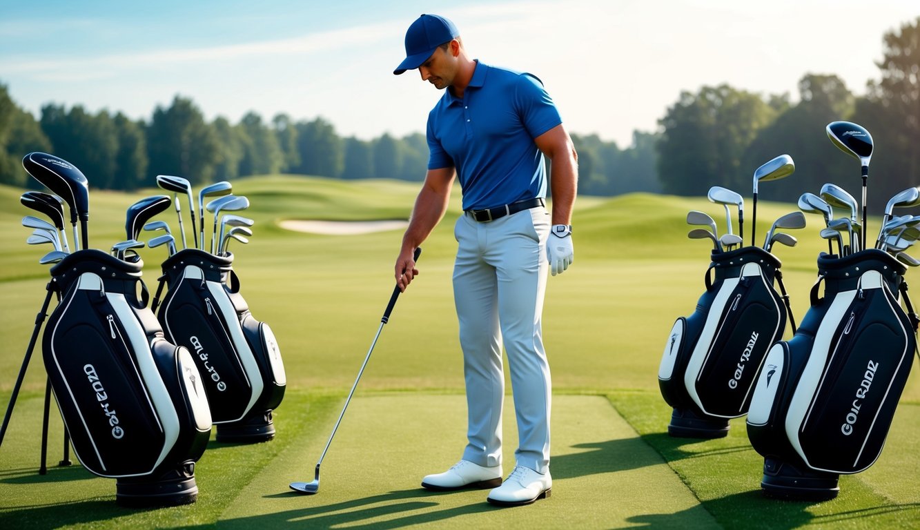 A golfer selects and tests different golf clubs on a grassy driving range