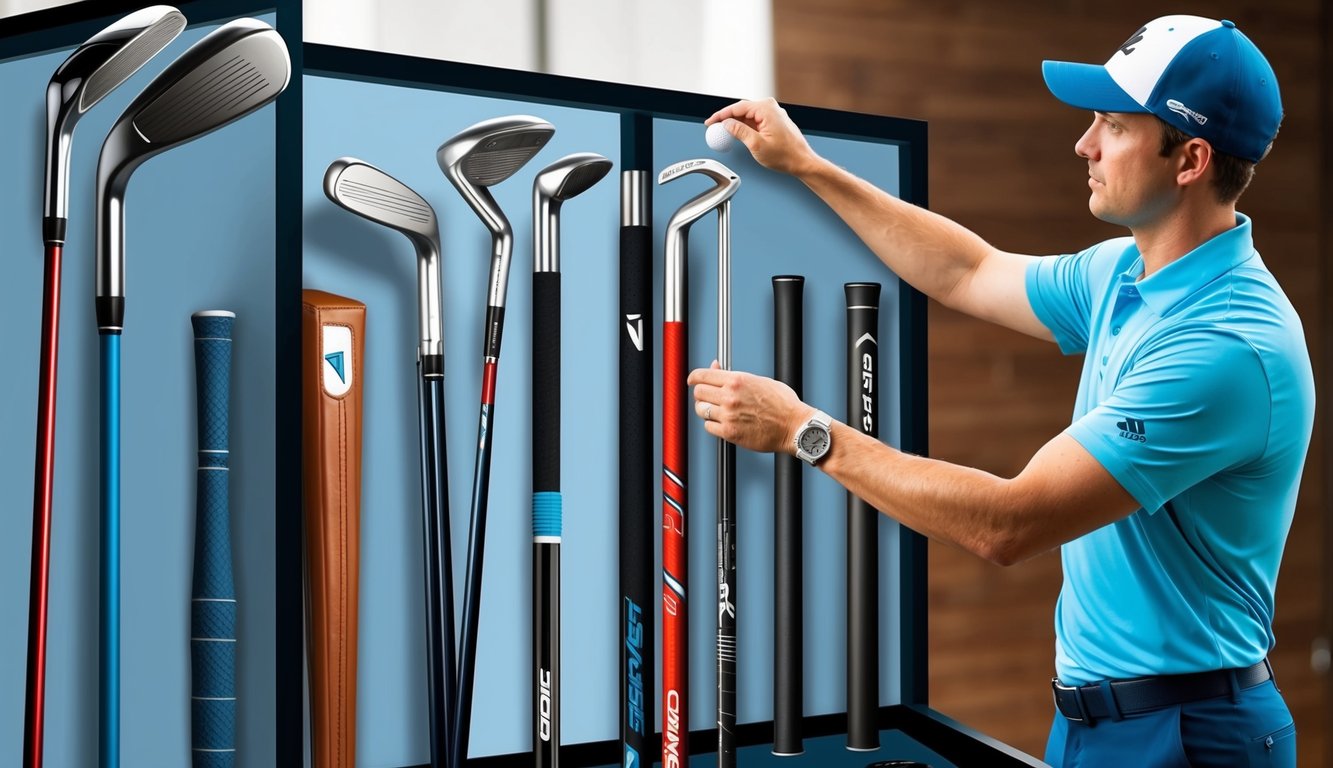 A golfer selects various golf shafts and grips from a display, examining each one closely before making a decision