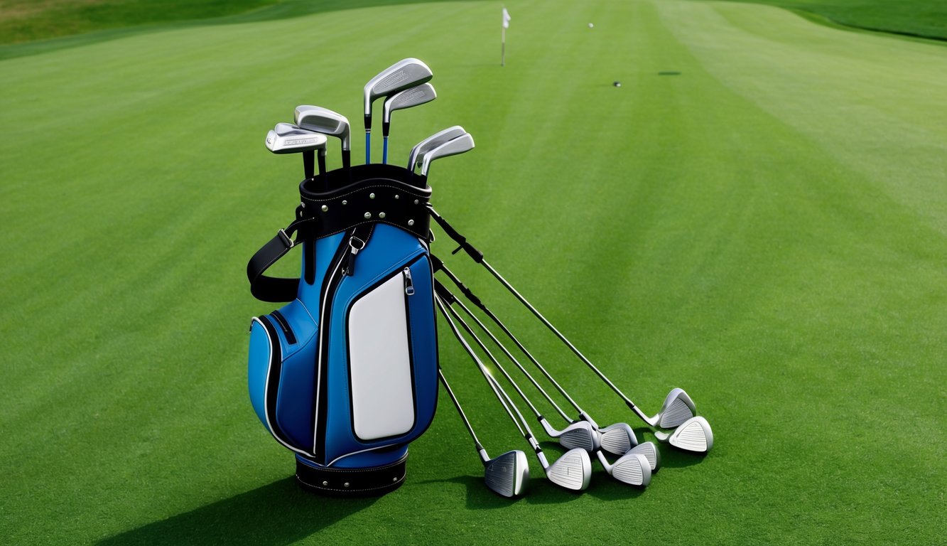 Taylor Pendrith's golf bag with various clubs arranged neatly on a lush green fairway