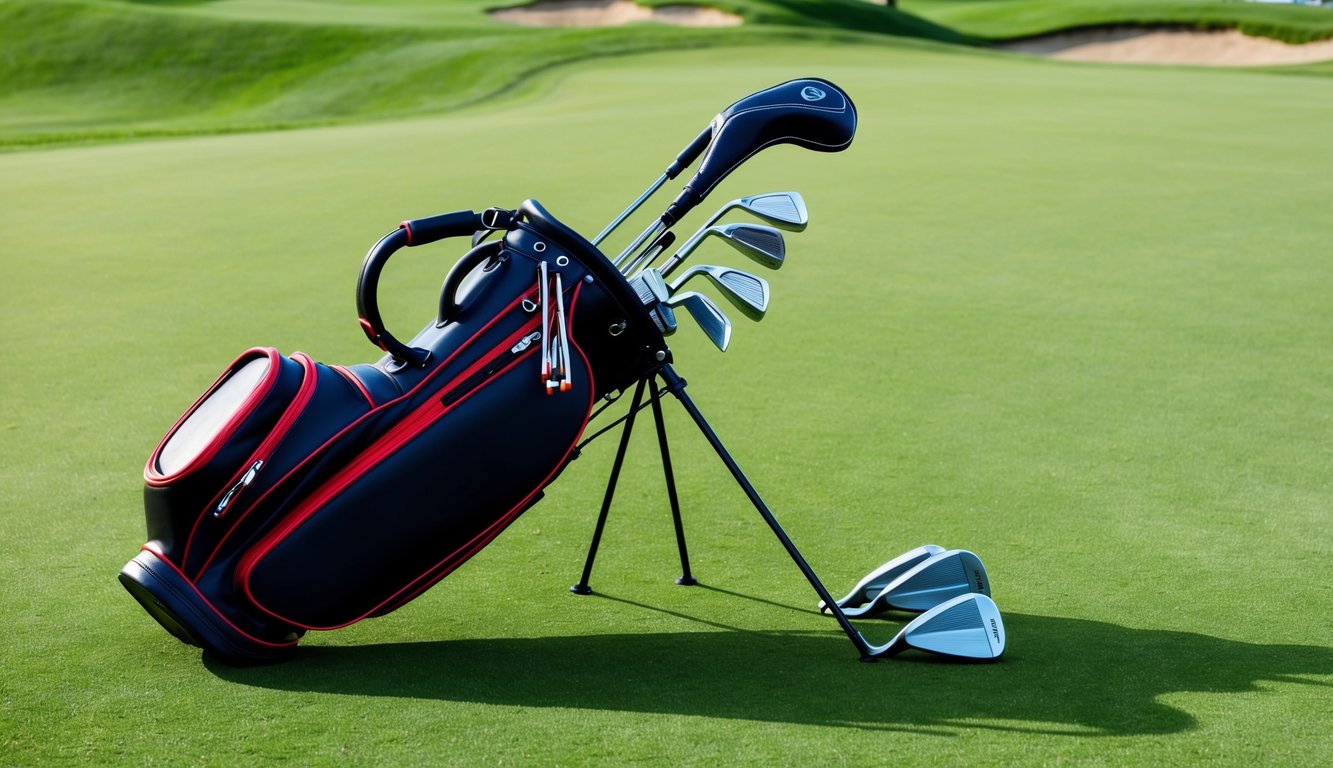 A golf bag with various clubs laid out neatly on a green grassy course