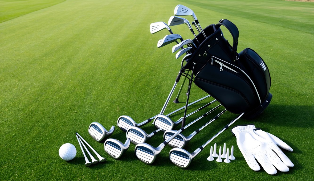 A set of golf clubs arranged neatly on a grassy fairway, with a golf bag, tees, and a glove nearby