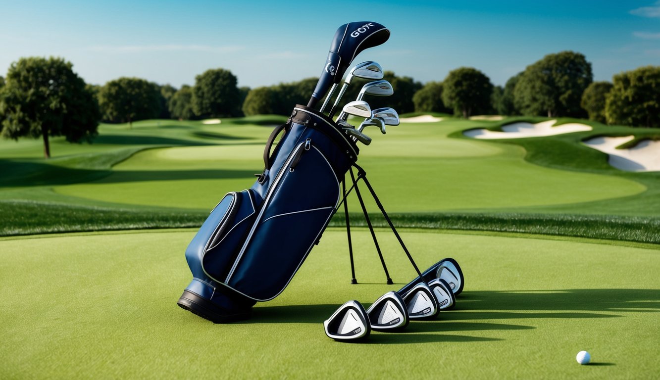 A golf bag with various hybrids and utility clubs laid out on a green, well-manicured golf course