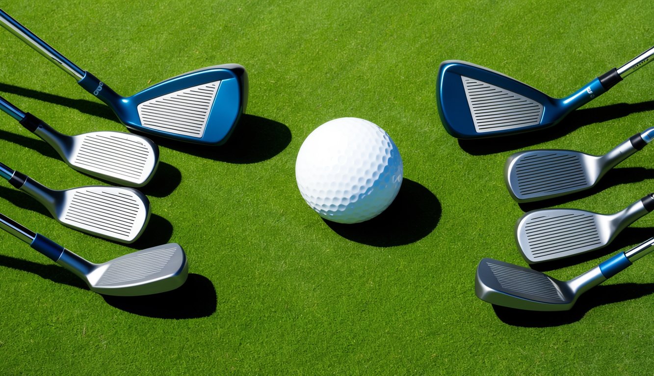 Jordan Spieth's golf clubs laid out on a pristine green, with the putter in focus, surrounded by other clubs and a golf ball