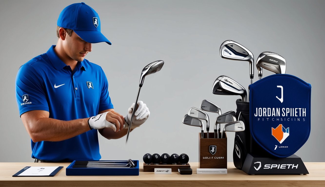 A golf club fitting technician adjusts clubs on a workbench with a set of Jordan Spieth's custom clubs displayed nearby