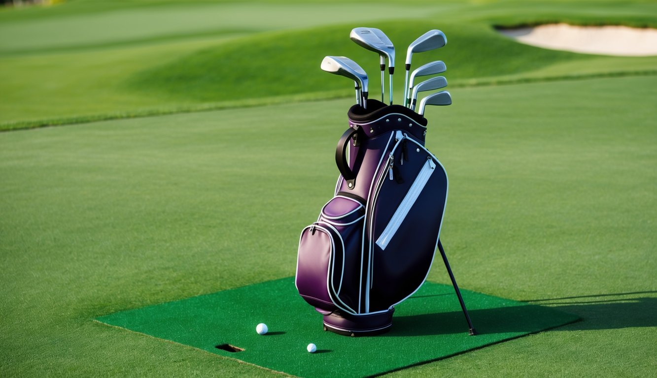 A golf bag with various clubs arranged neatly on a green grassy tee box