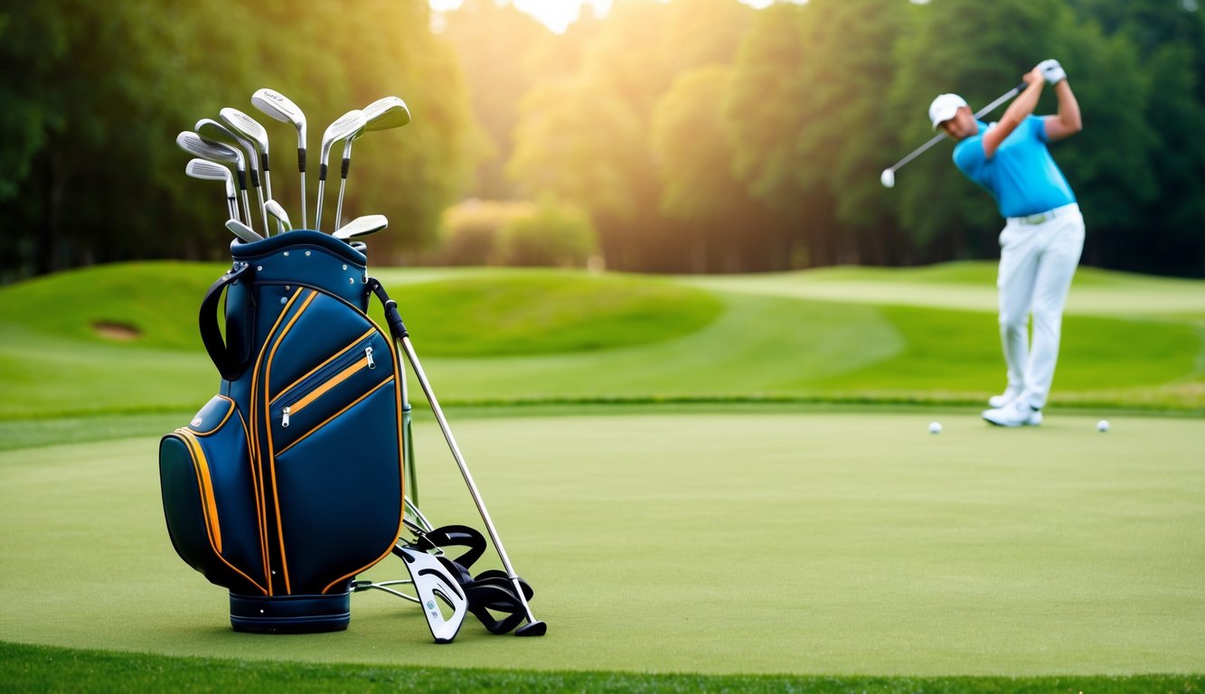 A golf bag with various clubs arranged neatly on a lush green fairway, with a golfer in the background taking a swing