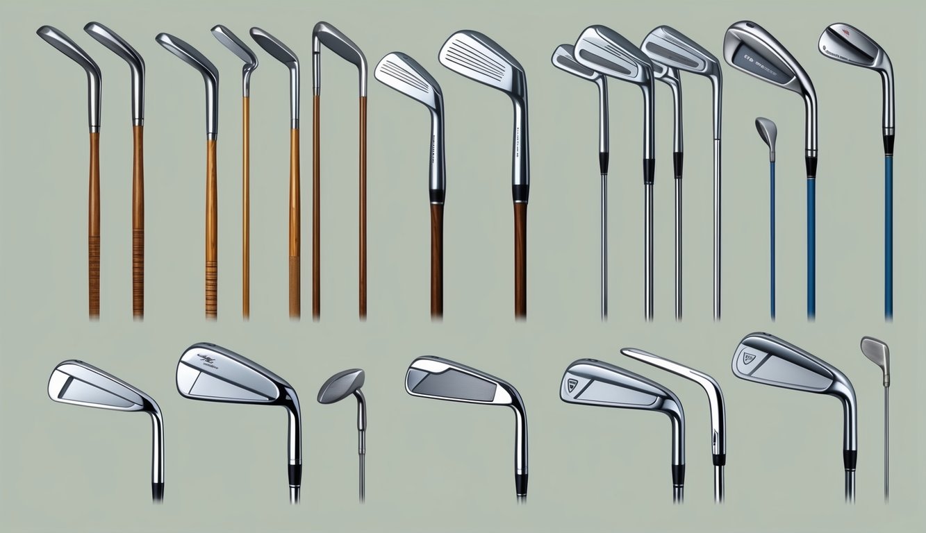 A collection of golf clubs arranged chronologically, from old-fashioned wooden clubs to modern high-tech irons and drivers