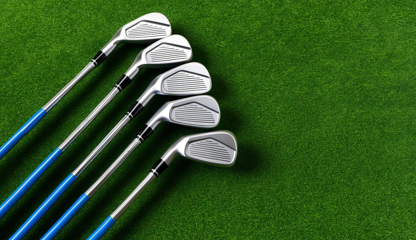 A set of golf clubs arranged neatly on a green grass background