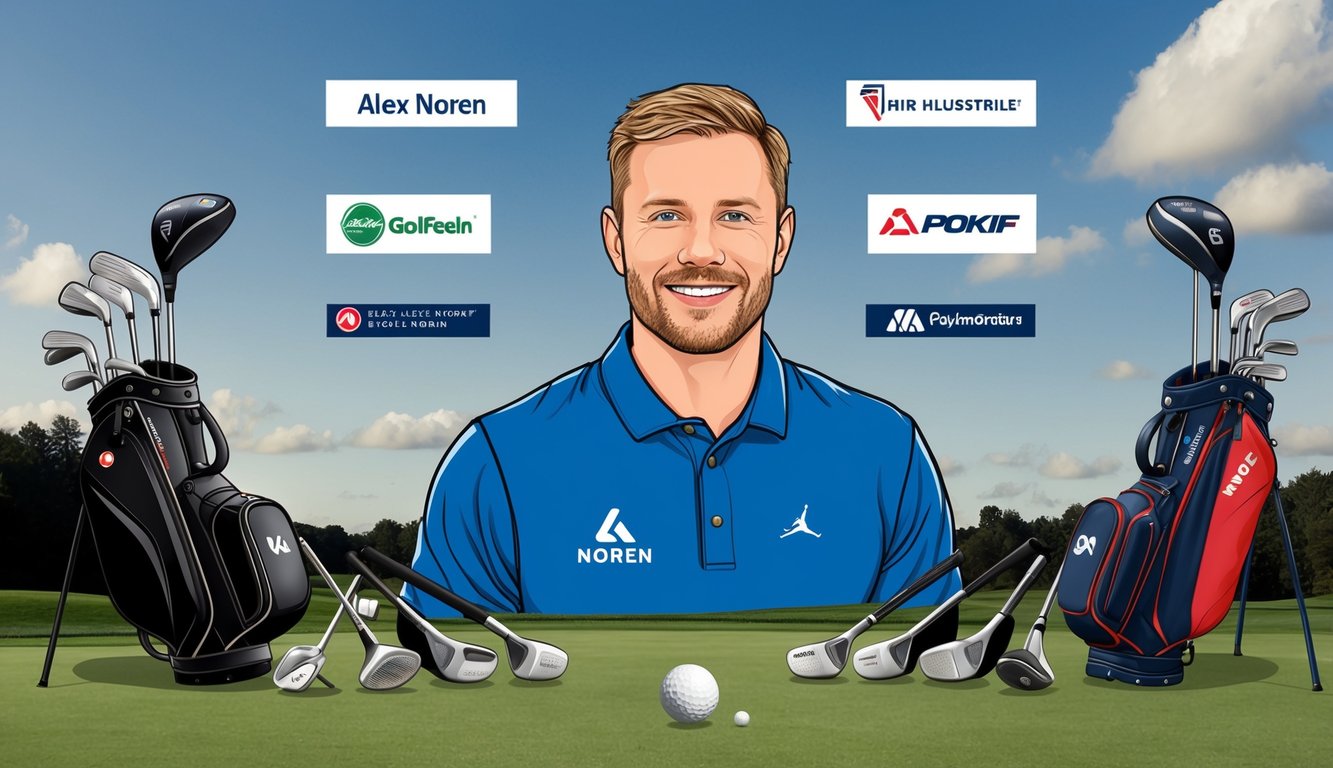 An illustration of Alex Noren on a golf course, surrounded by various golf clubs and equipment, with logos of his brand partnerships and sponsorships prominently displayed