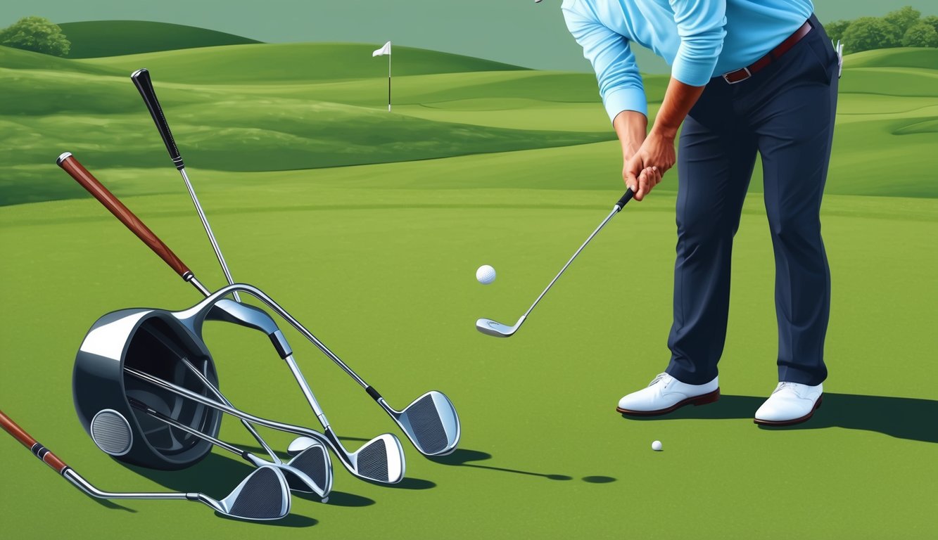 A golfer swings a club, ball in motion toward the hole. Clubs of various sizes and shapes lay nearby