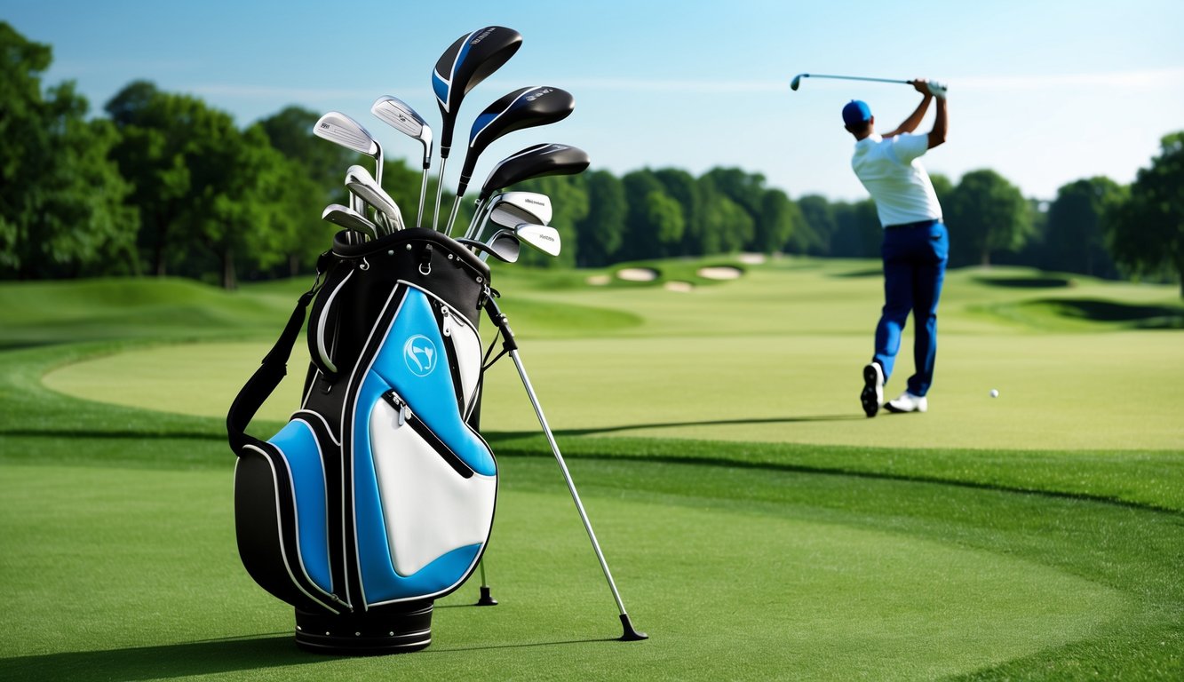 A golf bag with various clubs arranged neatly on a lush green fairway, with a golfer in the distance taking a swing