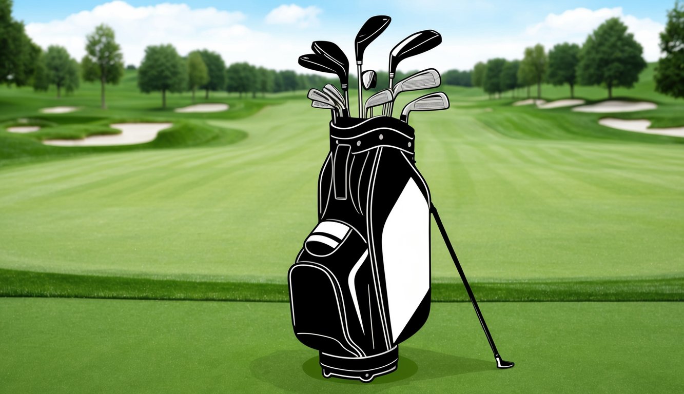 A golf bag with various clubs laid out on a green, well-manicured golf course