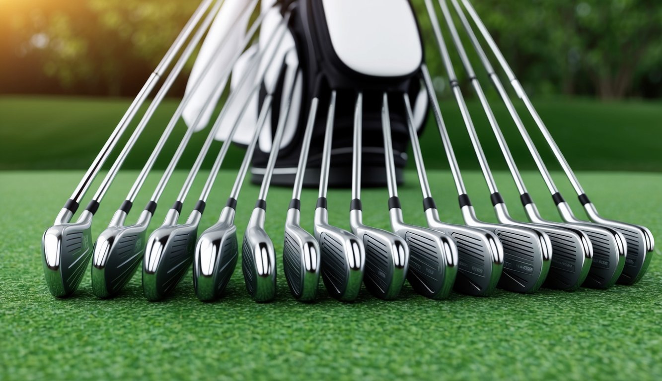 An array of golf clubs arranged neatly on a grassy surface, with a golf bag in the background