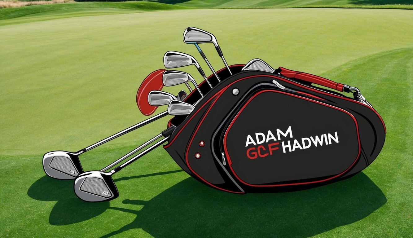 Adam Hadwin's golf bag with various clubs arranged neatly on the green fairway