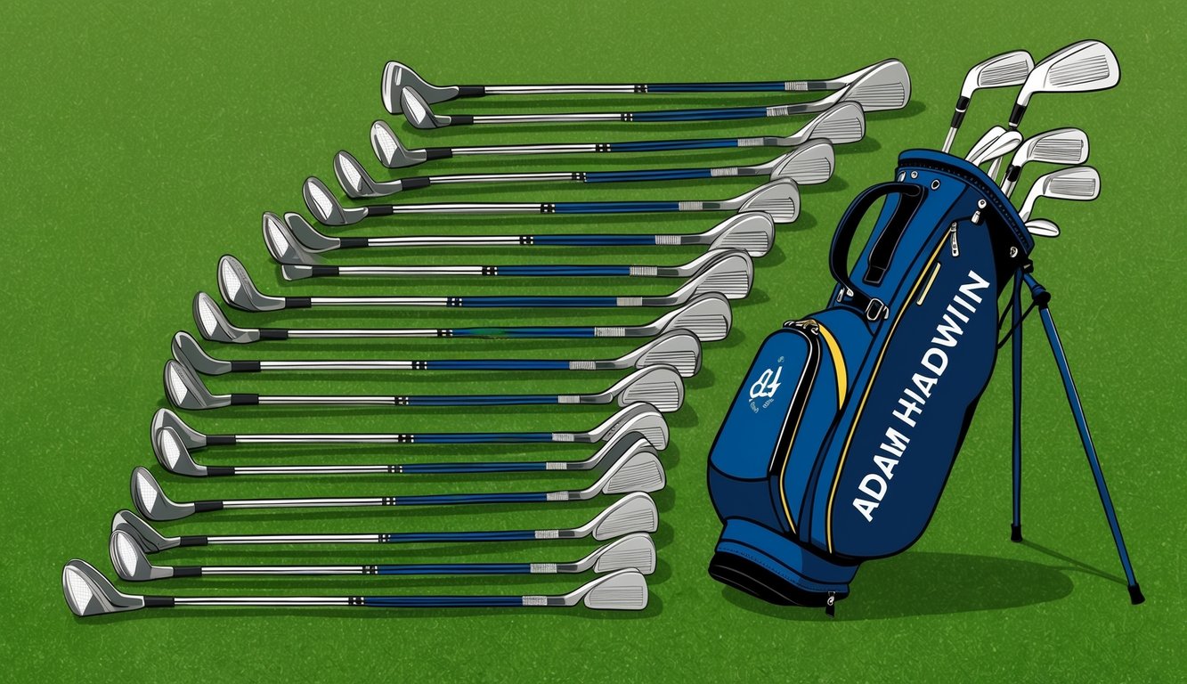 An array of golf clubs arranged neatly on a grassy surface, with Adam Hadwin's name prominently displayed on a bag