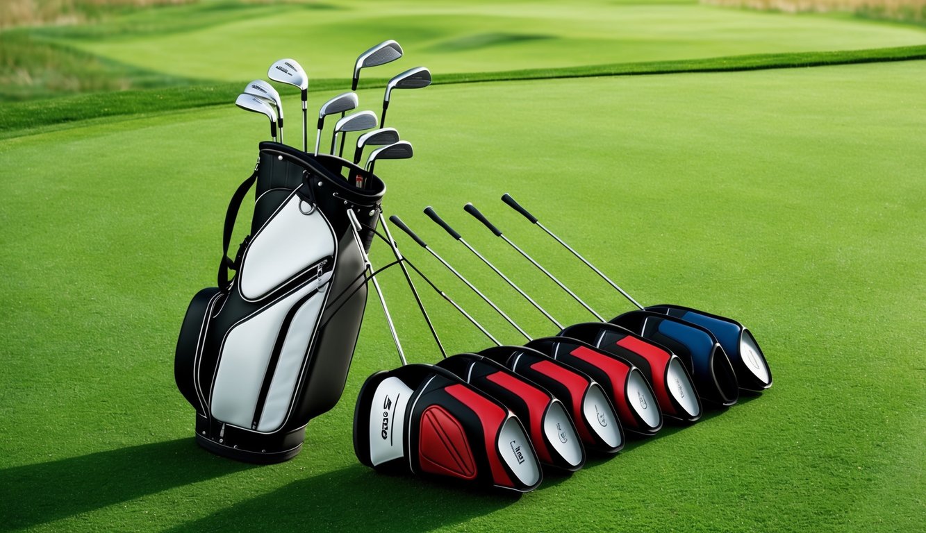 A golf bag with various fairway woods laid out on a grassy course