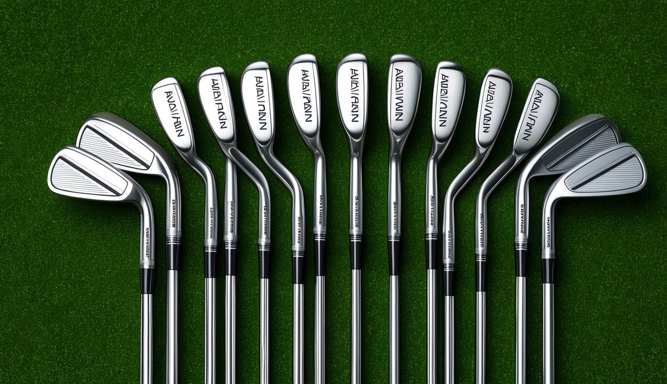 An array of golf clubs arranged neatly on a grassy green, with Adam Hadwin's name engraved on each club