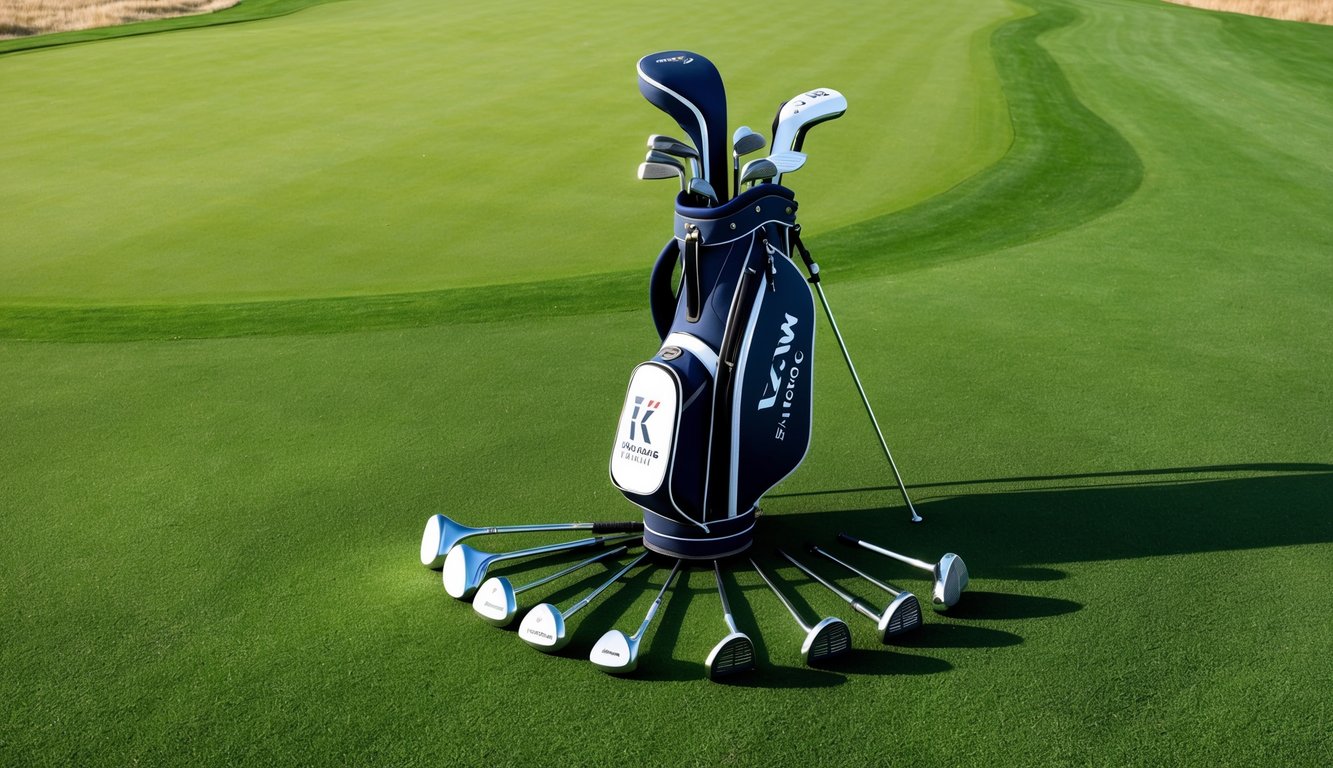 Si Woo Kim's golf bag with various clubs laid out on a pristine green fairway