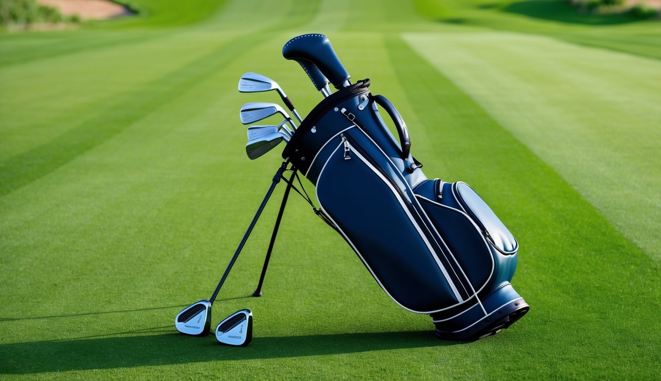 A golf bag with a variety of clubs arranged neatly on a lush green fairway