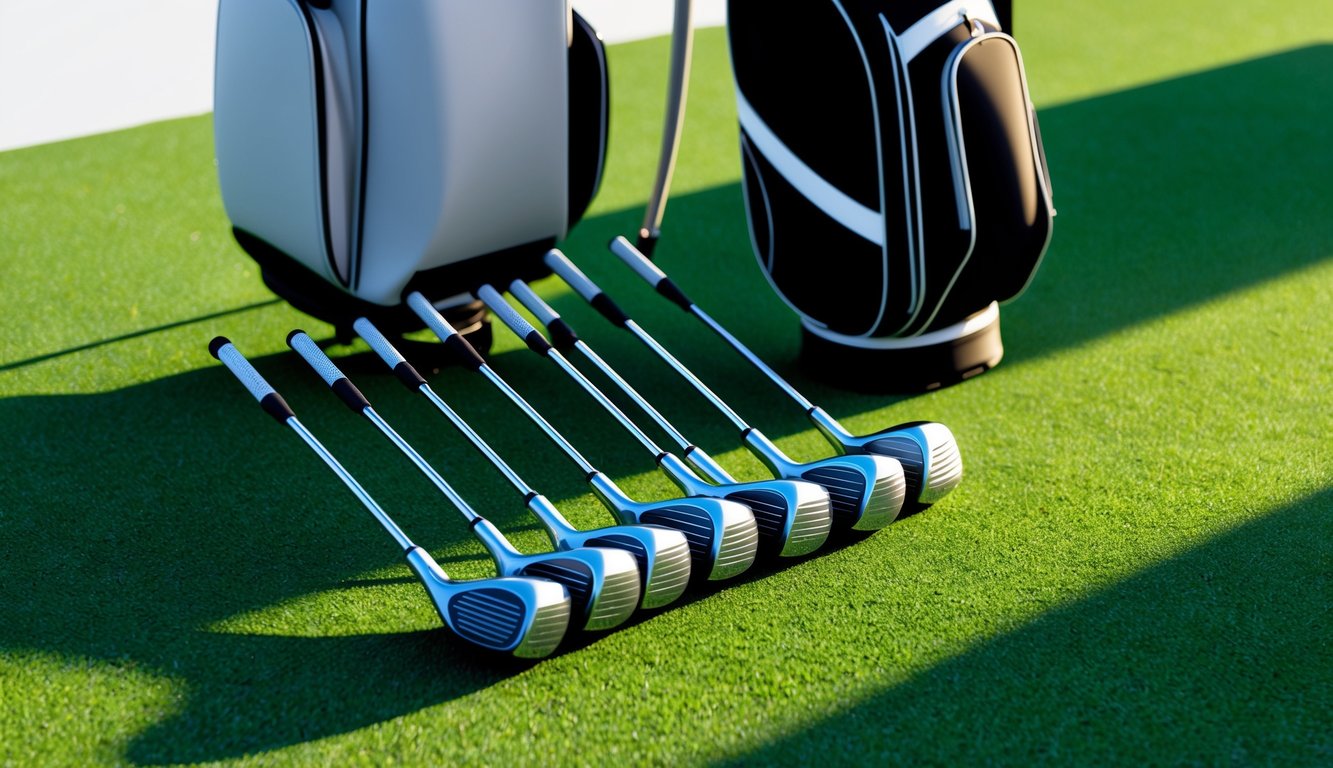 A set of golf clubs arranged neatly on a grassy green, with a golf bag nearby and the sun casting long shadows across the scene