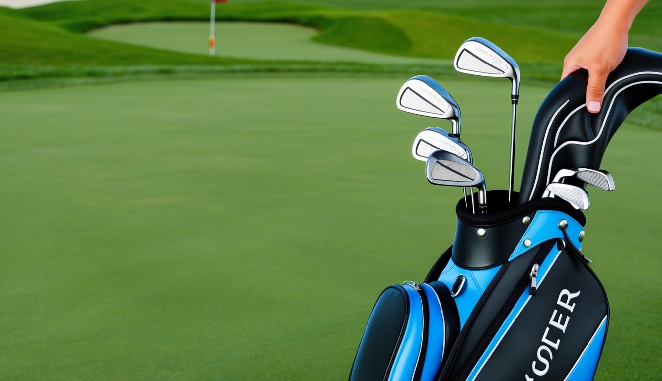 A golfer's bag open, revealing a set of clubs neatly arranged and ready for use on the green