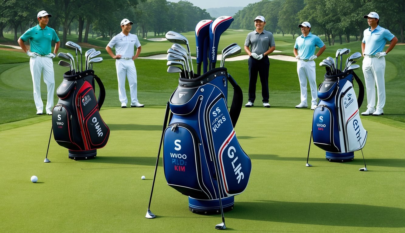 A golf bag with Si Woo Kim's clubs arranged neatly on the green, surrounded by other pro golfer setups