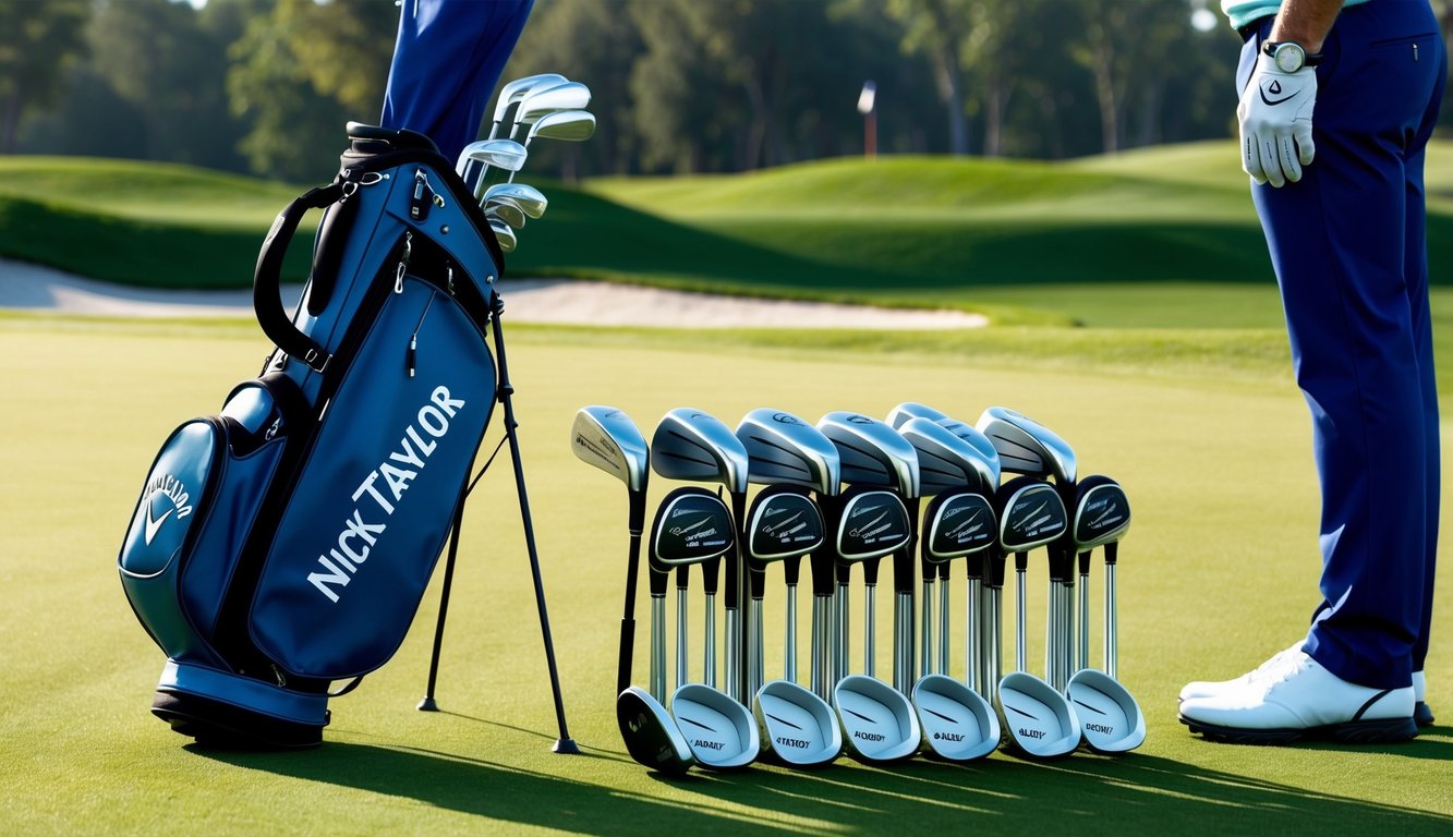 Nick Taylor's golf bag open, revealing a set of Callaway clubs neatly organized on the grassy tee box