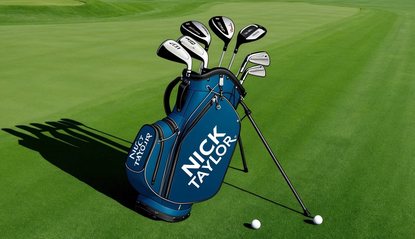 A golf bag with Nick Taylor's drivers and clubs arranged neatly on a lush green fairway