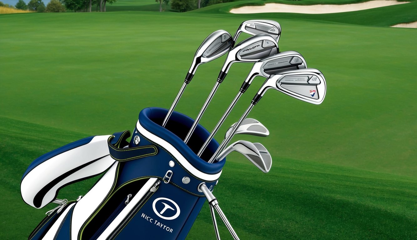 Nick Taylor's golf bag open on a lush green course, showcasing a set of sleek, high-end golf clubs