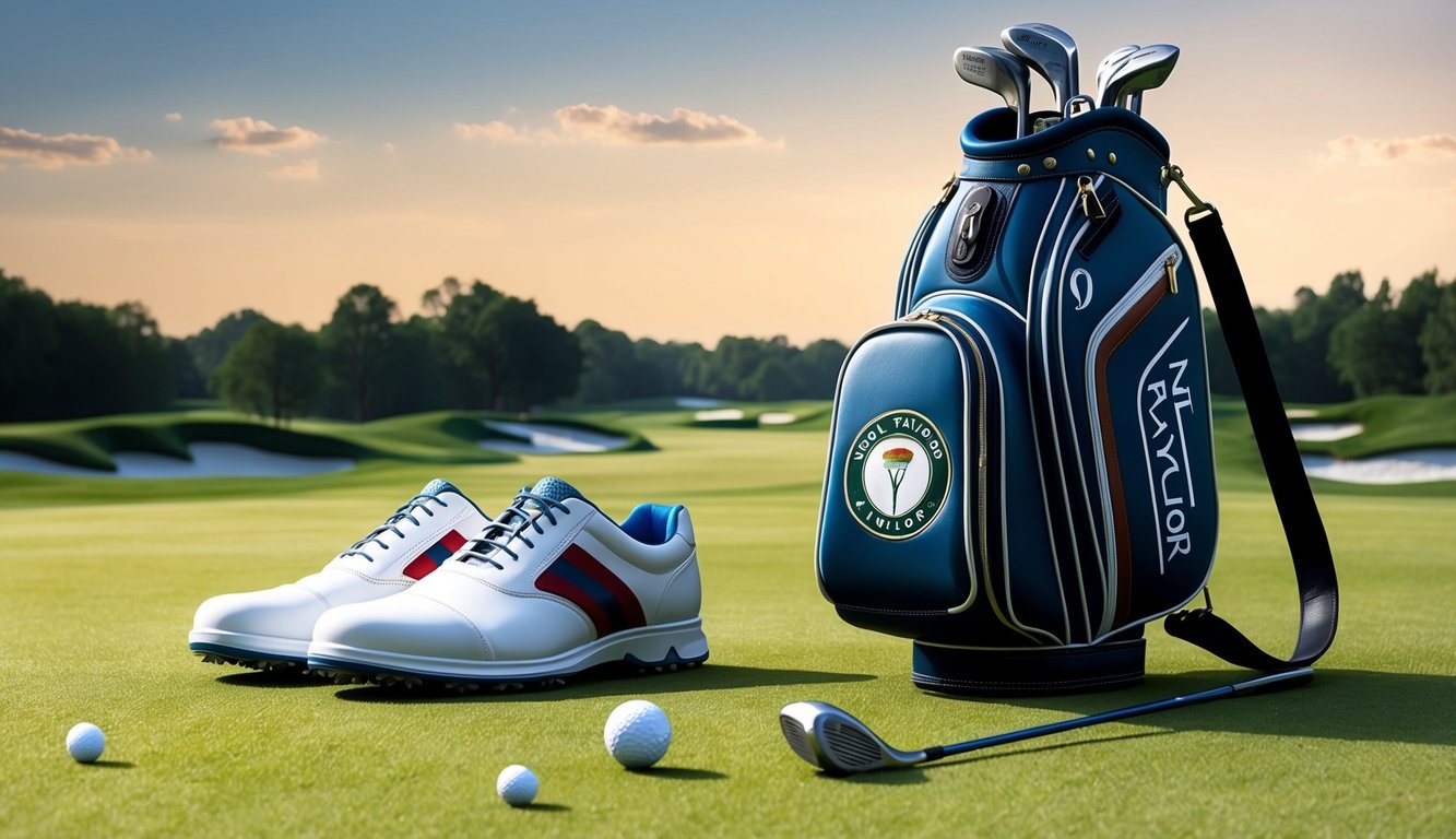 Nick Taylor's golf bag and a pair of stylish golf shoes on a well-groomed course