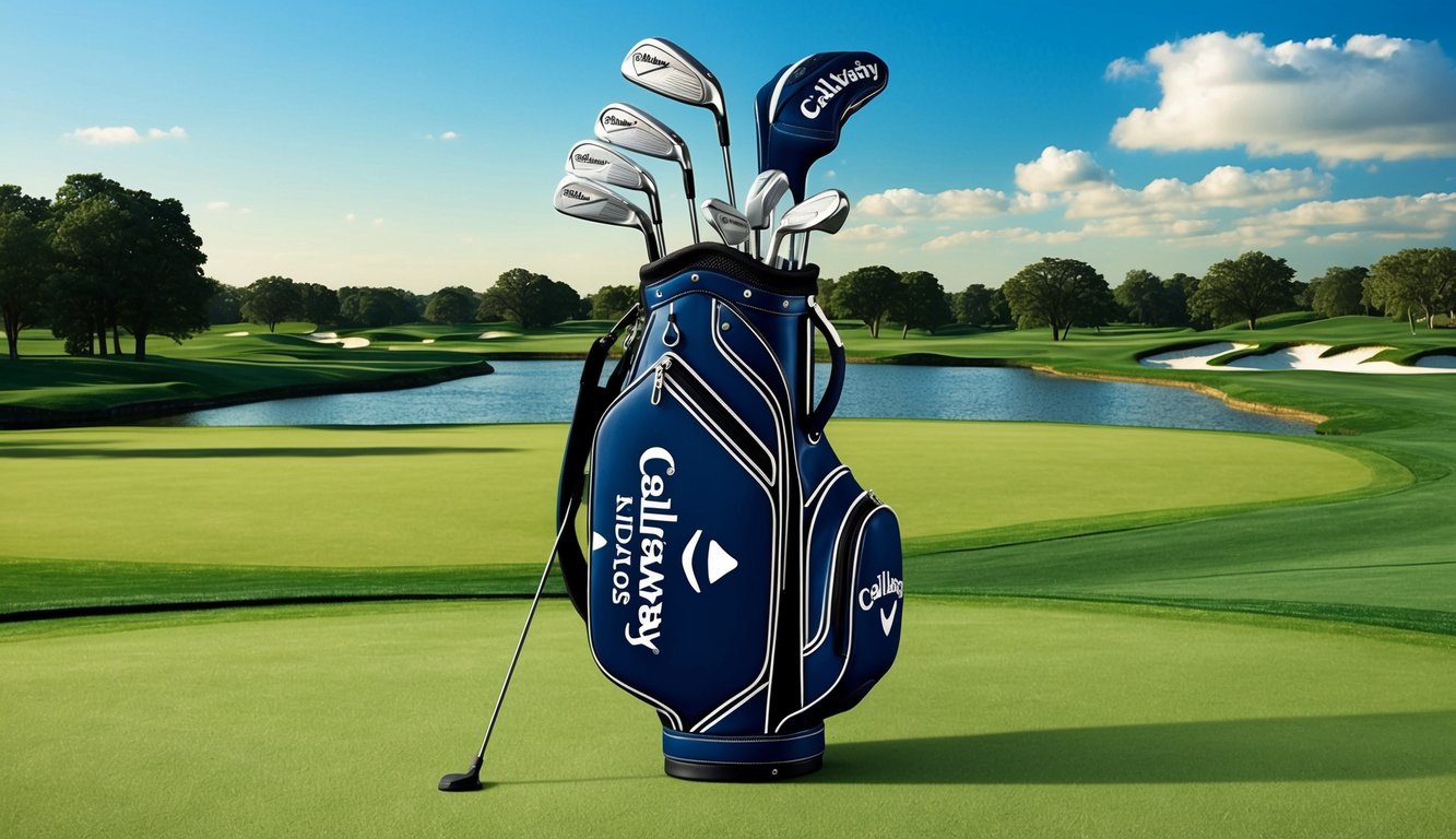 Nick Taylor's golf bag with a set of Callaway clubs displayed on a pristine green golf course