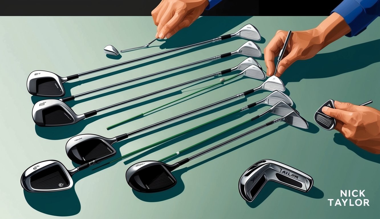 Nick Taylor's golf clubs laid out on a table, with a club fitting professional making adjustments