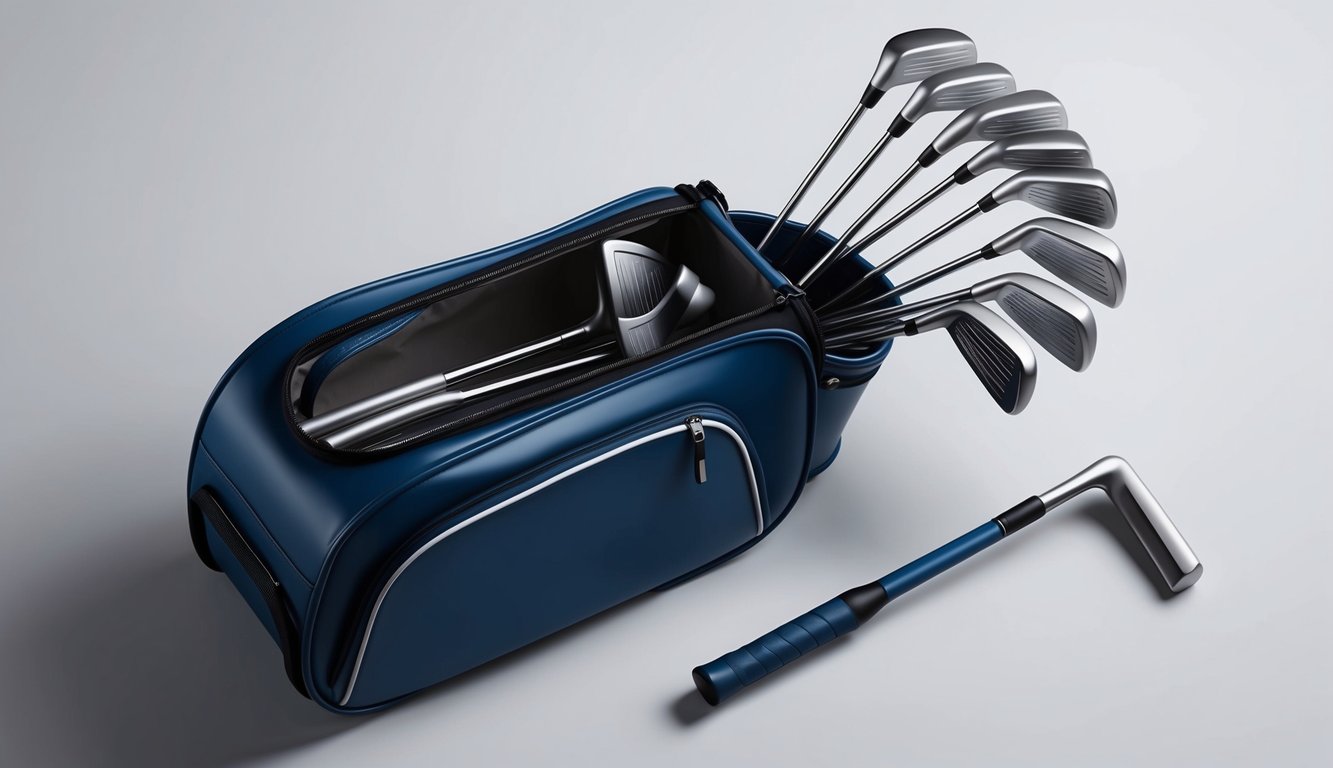 A golf bag lies open, revealing a set of clubs arranged neatly inside. The clubs are sleek and modern, with a mix of woods, irons, and a putter