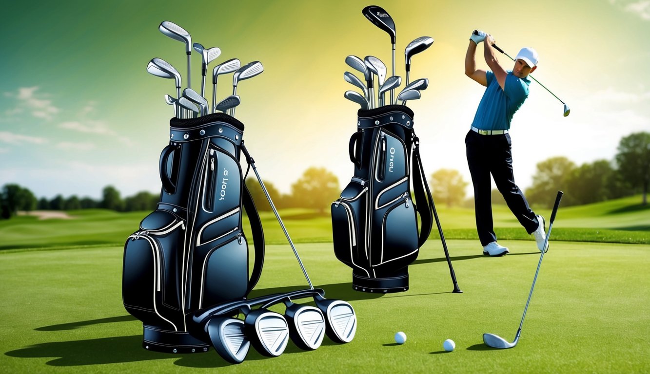 A golf bag with various clubs laid out on a lush green fairway, with a golfer in the background swinging a club