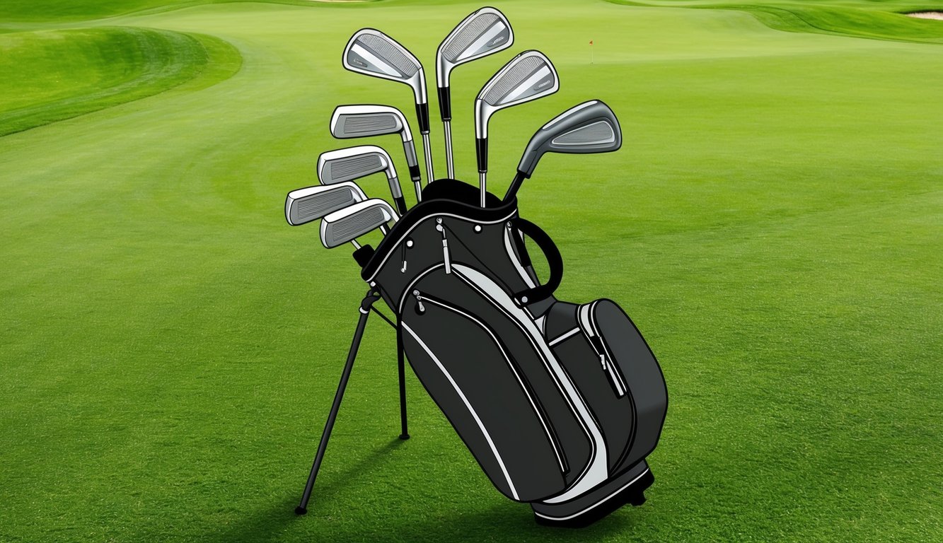 A golf bag with irons and utility irons neatly arranged on a lush green fairway