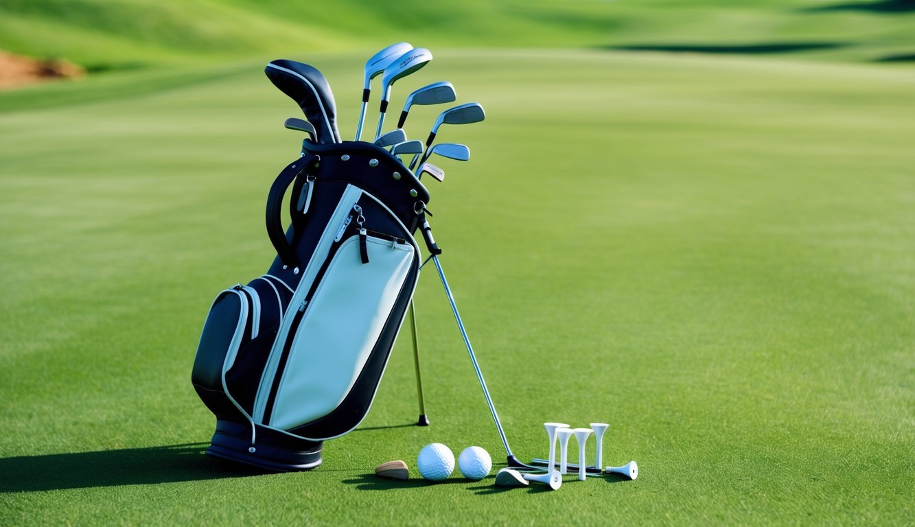 A golf bag with various clubs, a golf ball, tees, and other accessories arranged neatly on a lush green fairway