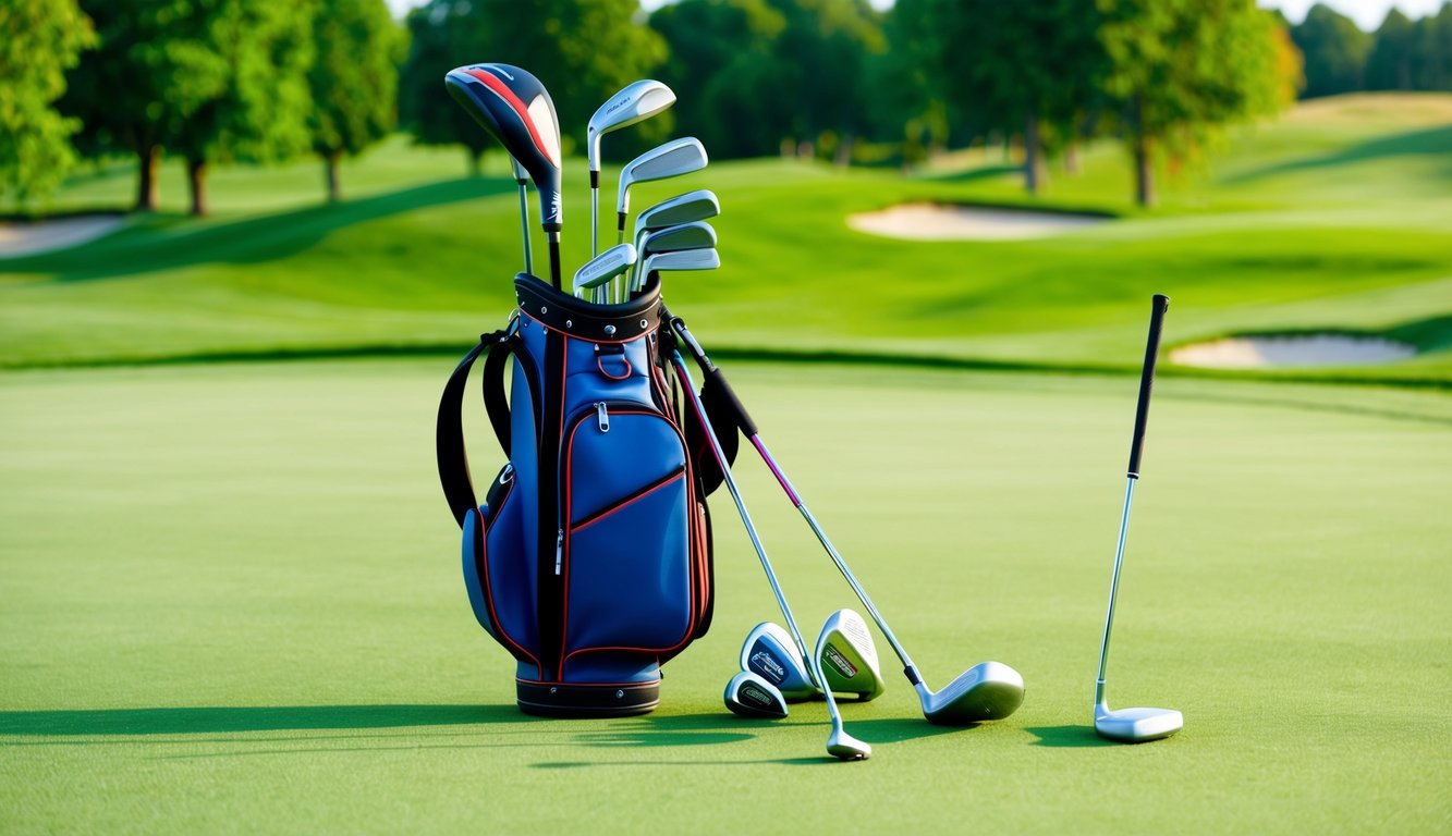 A golf bag with various clubs, including a driver, irons, wedges, and a putter, neatly arranged on a lush green golf course