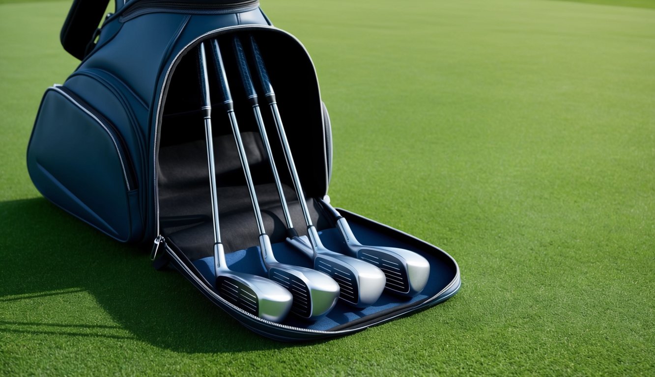 A golfer's bag open, revealing a set of sleek, modern golf clubs laid out neatly on the grass