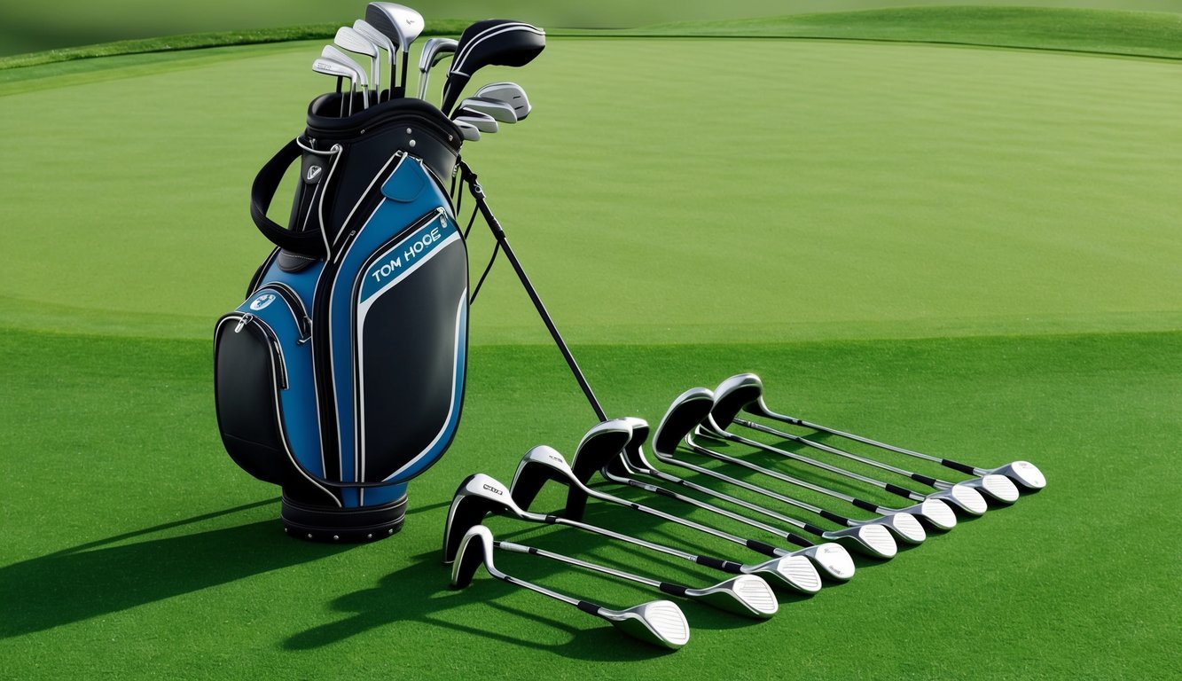 Tom Hoge's golf bag with a variety of clubs arranged neatly on the green