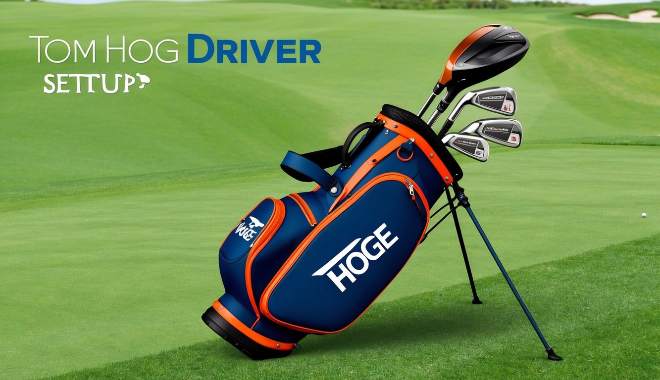 Tom Hoge's driver setup: A golf bag with a variety of clubs laid out on a grassy fairway, with the driver prominently displayed