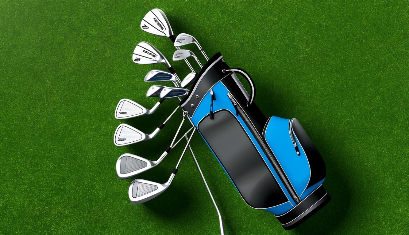 A golf bag with various fairway woods arranged neatly on the grass