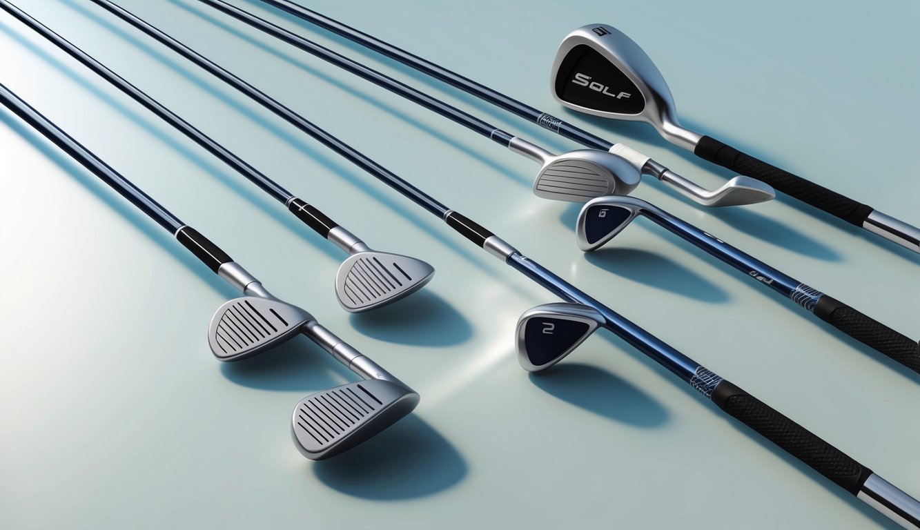 A set of golf clubs arranged on a clean, well-lit surface, with various shafts and grips displayed for analysis