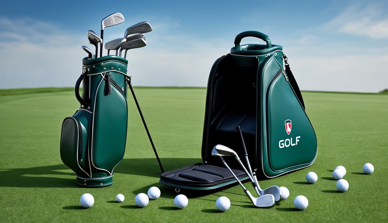 A golf bag open on the green, with various clubs and golf balls scattered around