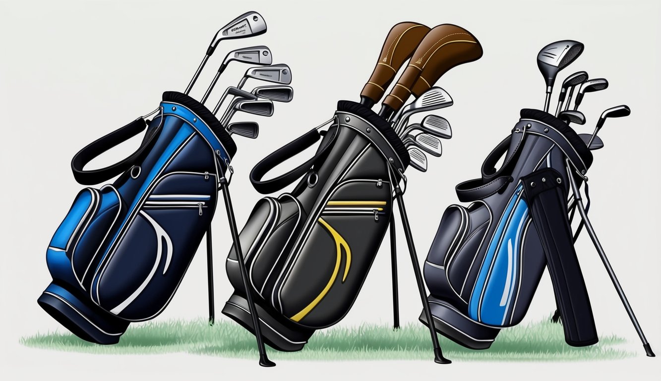 A golf bag filled with a variety of clubs, including drivers, irons, wedges, and putters, neatly organized and ready for use on the course